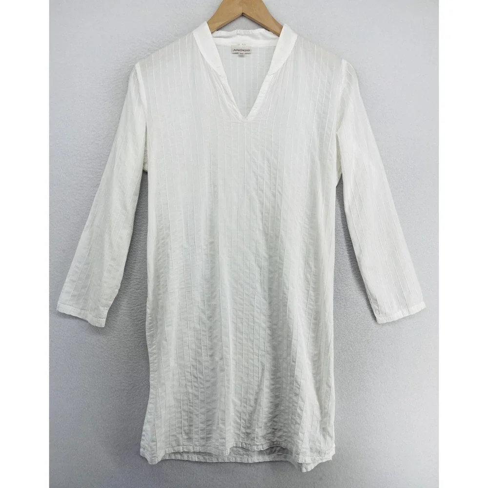 ANOKHI Top M Longline Tunic Pintuck V-Neck Long Sleeve Side Slit Cotton White